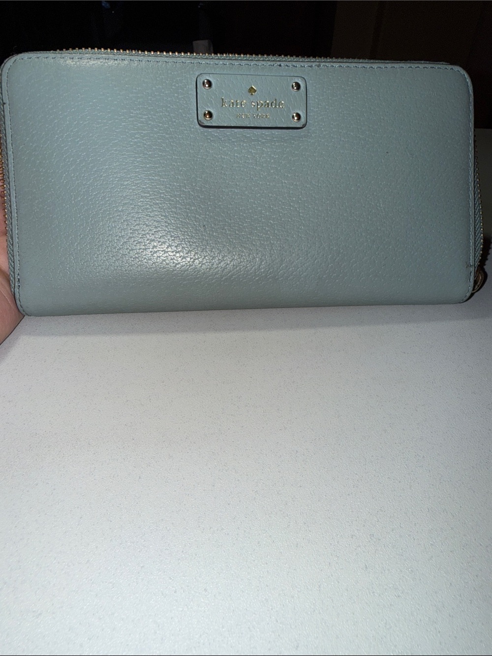 kate spade light blue pebbled gold tone zip-around wallet